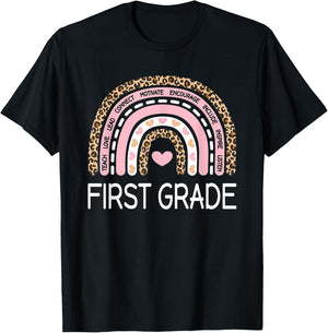 Cute First Grade Teacher Leopard Rainbow Pastel Pink 1st T-Shirt - T-Shirt | Black