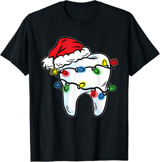 Tooth Christmas Light Santa Hat Dentist Dental Hygienist T-Shirt - T-Shirt | Black