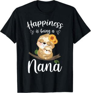 Happiness Is Being A Nana Cute Sloth Flower T-Shirt - T-Shirt | Black