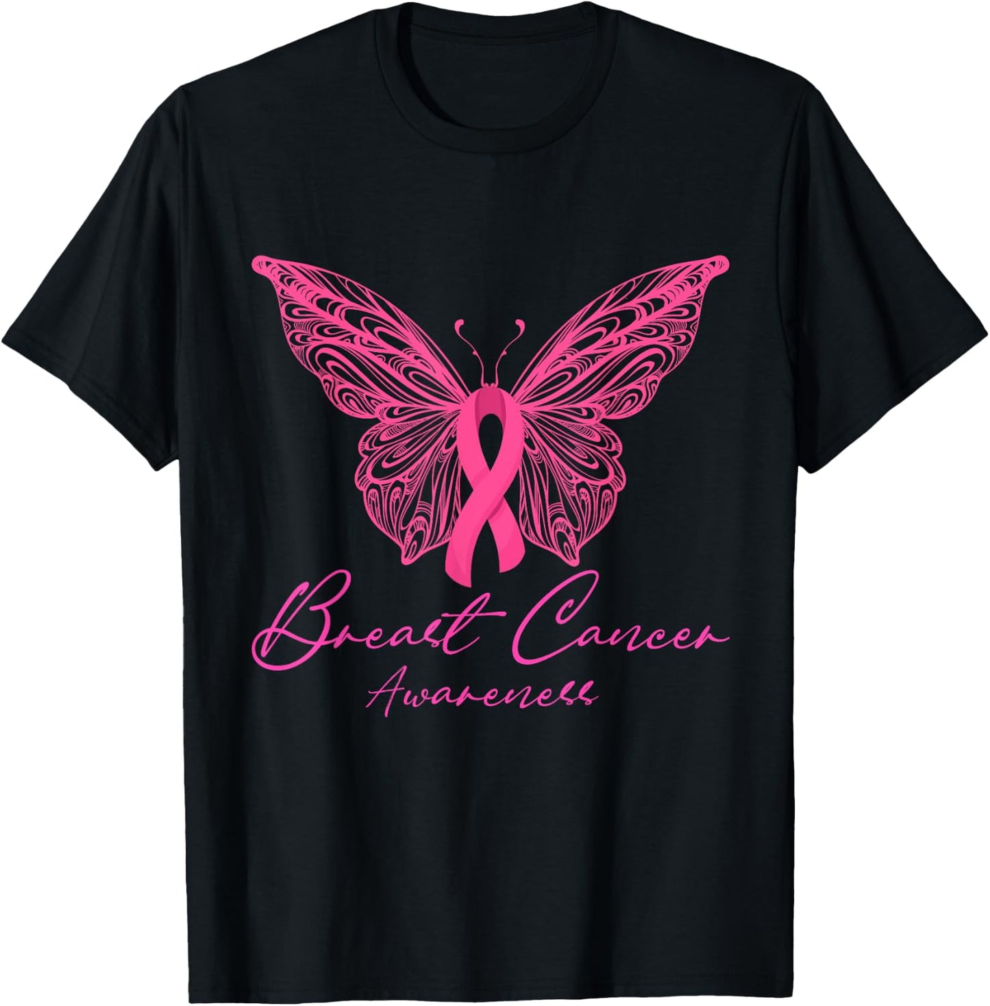 Breast Cancer Awareness Pink Butterfly Pink Ribbon Women T-Shirt - T-Shirt | Black
