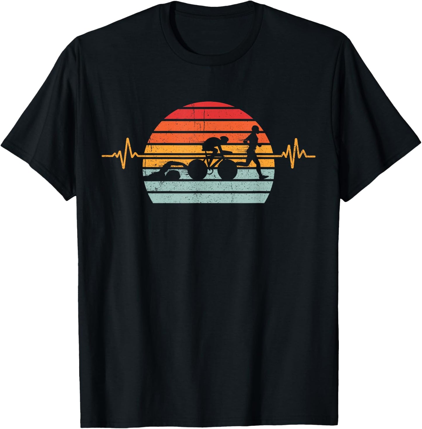 Vintage Triathlon Swim Bike Run Triathlete Heartbeat Pulse T-Shirt - T-Shirt | Black