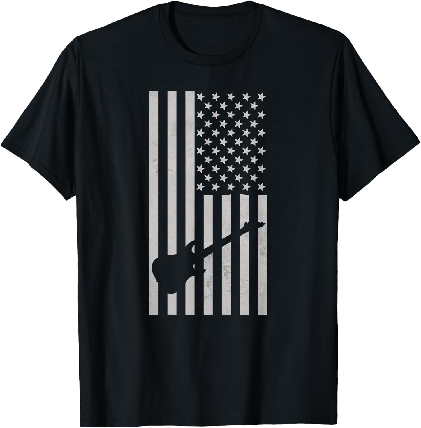 American Flag Electric Guitar Monochrome Patriotic Musician T-Shirt - T-Shirt | Black