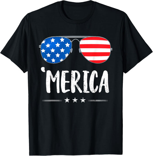Merica Sunglasses 4th of July Boys Girls USA Flag Patriotic T-Shirt - T-Shirt | Black
