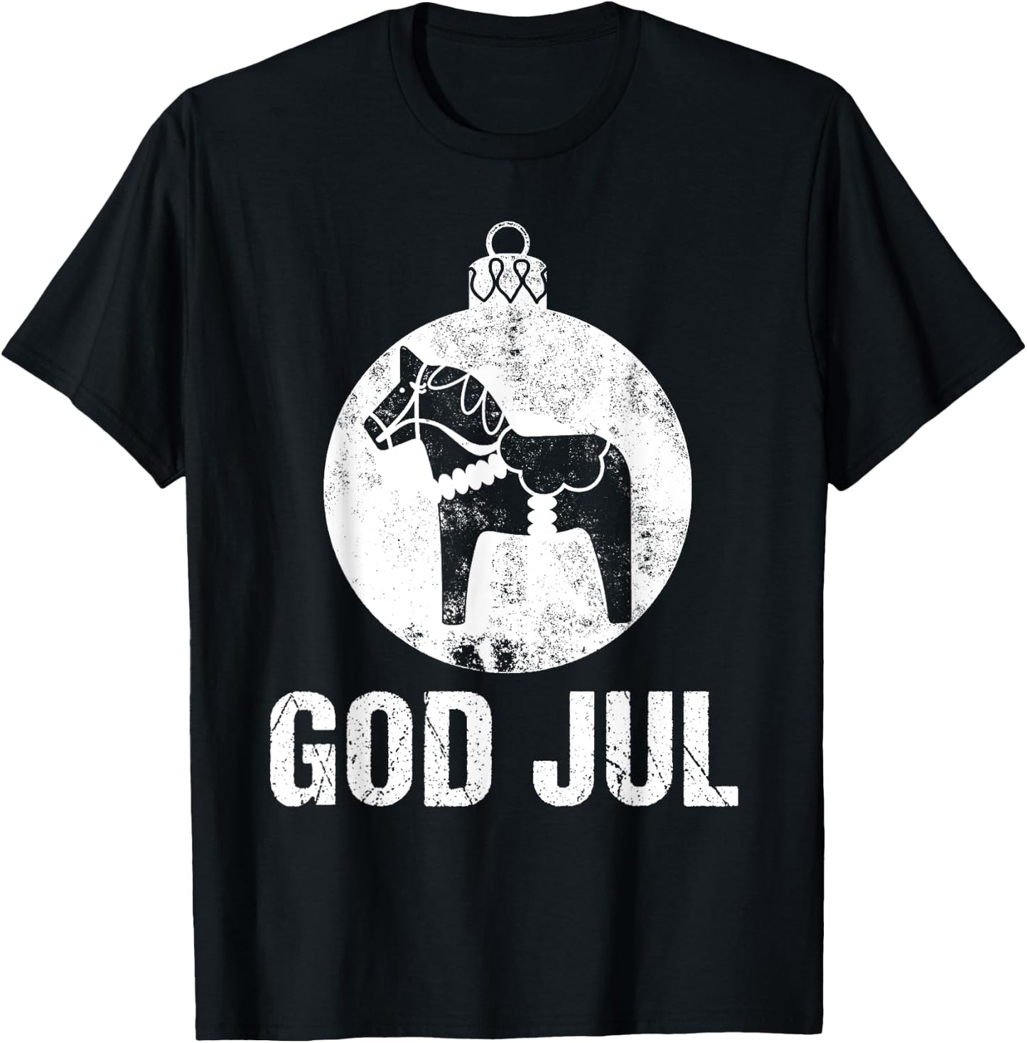 Christmas Scandinavian Dala Horse Ornament God Jul Vintage T-Shirt - T-Shirt | Black