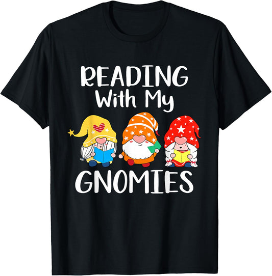Funny Books Lover, Reading With My Gnomies T-Shirt - T-Shirt | Black