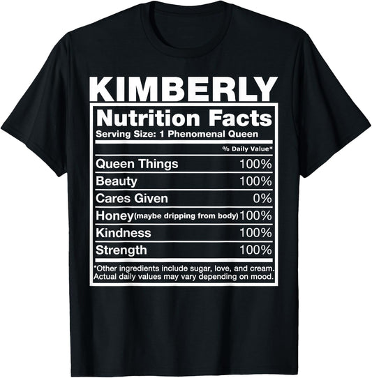 Kimberly Nutrition Facts Kimberly Name Birthday Shirt T-Shirt - T-Shirt | Black