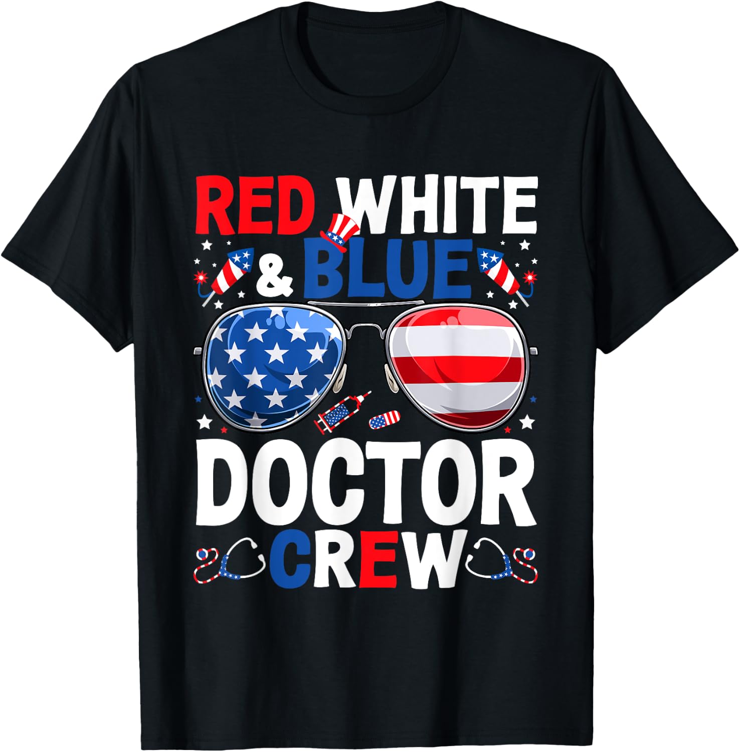 4th Of July Red White & Blue Doctor Crew American Flag Women Men T-Shirt - T-Shirt | Black