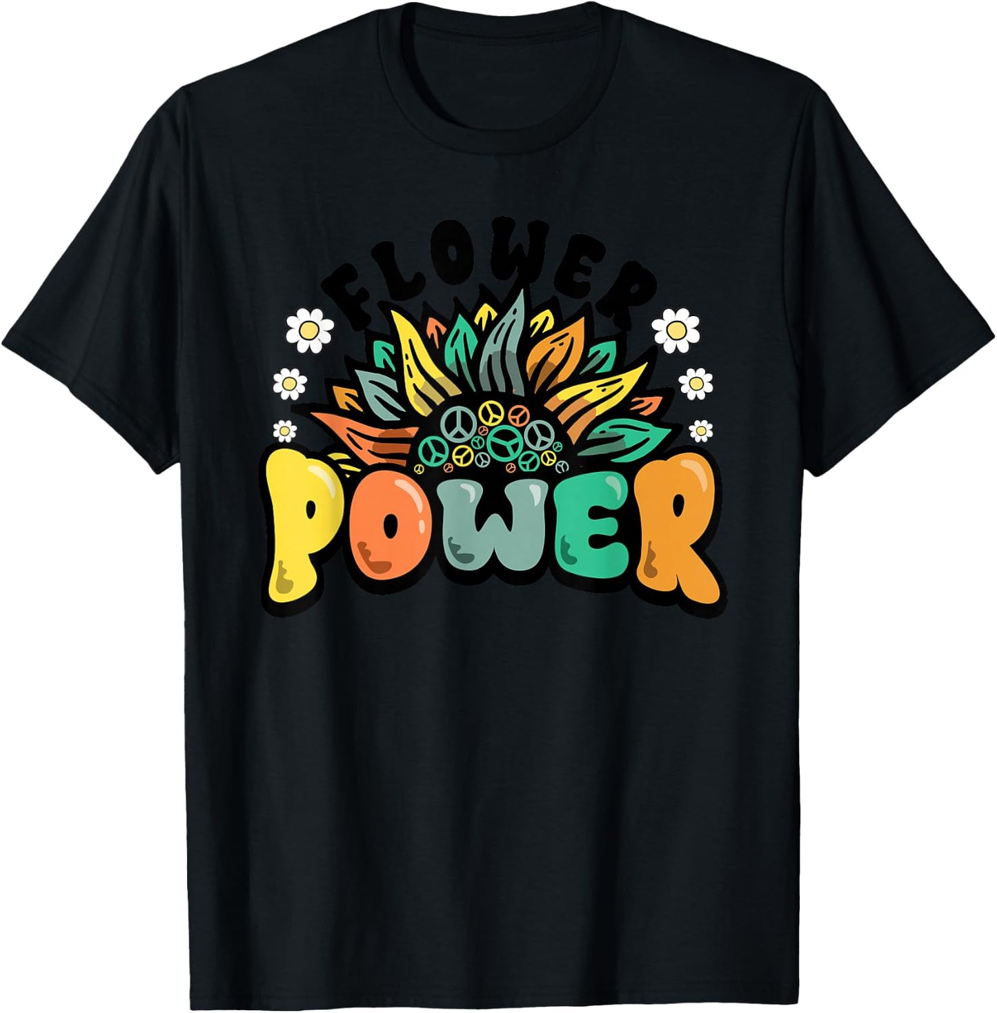 Flower Power Peace Symbol Sunflower Retro 60s 70s T-Shirt - T-Shirt | Black