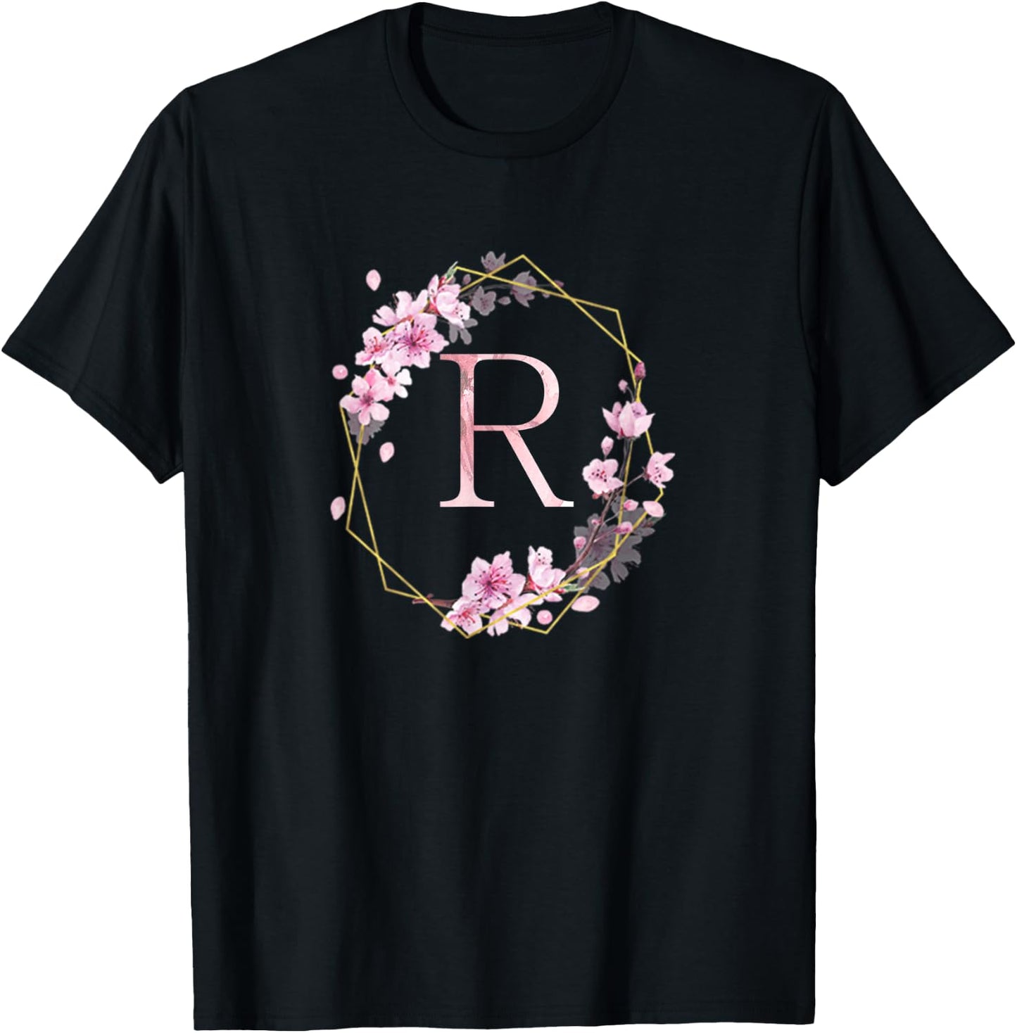 Cherry Blossom Floral Monogram Initial Letter R T-Shirt - T-Shirt | Black