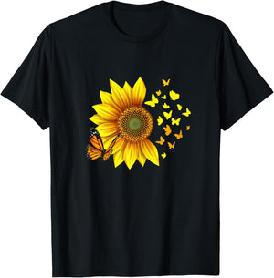 Woman, Girls, Teenager, Kids Design Sunflower Butterflies T-Shirt - T-Shirt | Black
