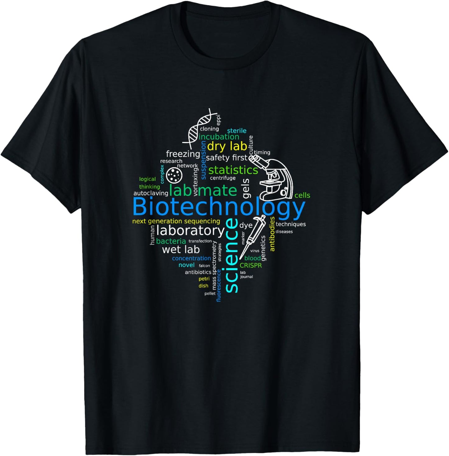 Word cloud biotech with microscope, pipette and dna T-Shirt - T-Shirt | Black