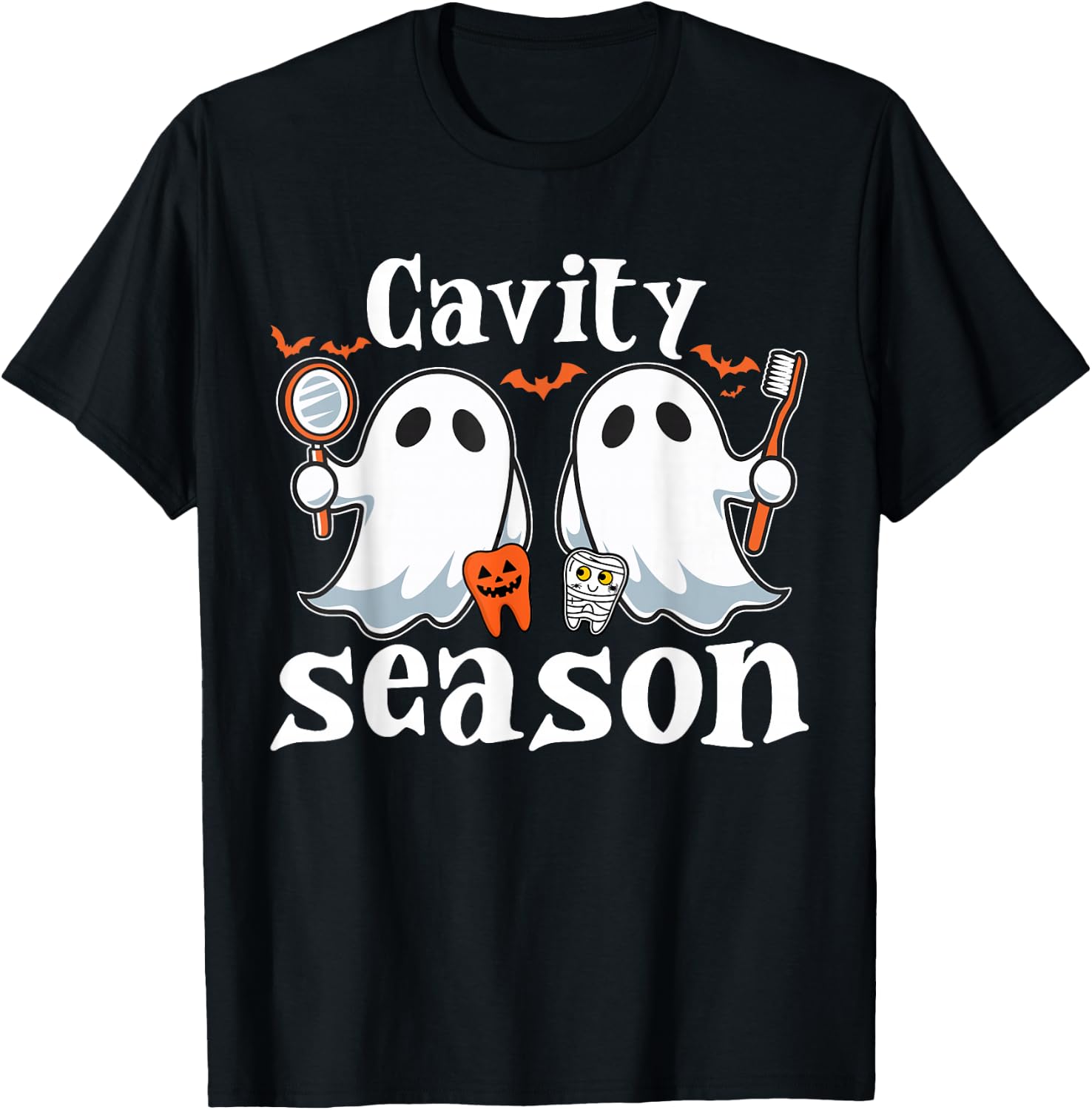 Cavity Season Halloween Funny Dental Ghosts And Toothbrush T-Shirt - T-Shirt | Black