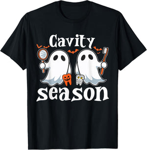 Cavity Season Halloween Funny Dental Ghosts And Toothbrush T-Shirt - T-Shirt | Black