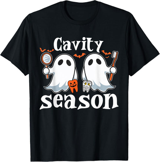 Cavity Season Halloween Funny Dental Ghosts And Toothbrush T-Shirt - T-Shirt | Black