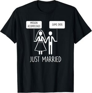 Just Married Game Over Bride Groom Line Art Minimal Men Gift T-Shirt - T-Shirt | Black