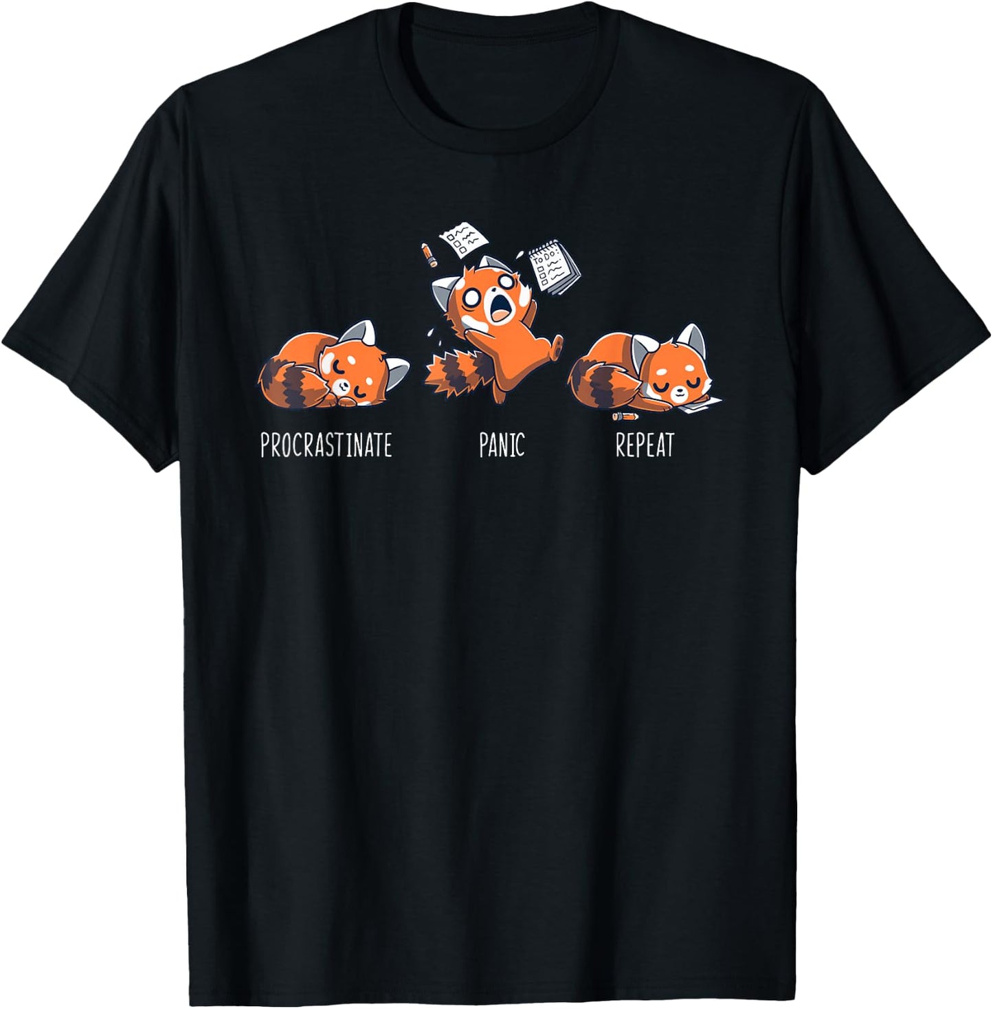 Procrastinate Panic Repeat Shirt Daily Distressed Red Pandas T-Shirt - T-Shirt | Black