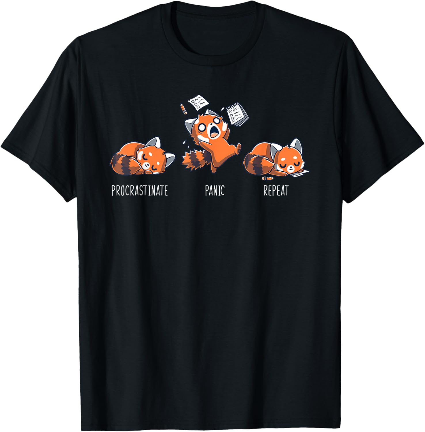 Procrastinate Panic Repeat Shirt Daily Distressed Red Pandas T-Shirt - T-Shirt | Black