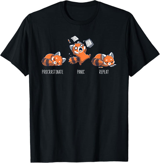 Procrastinate Panic Repeat Shirt Daily Distressed Red Pandas T-Shirt - T-Shirt | Black