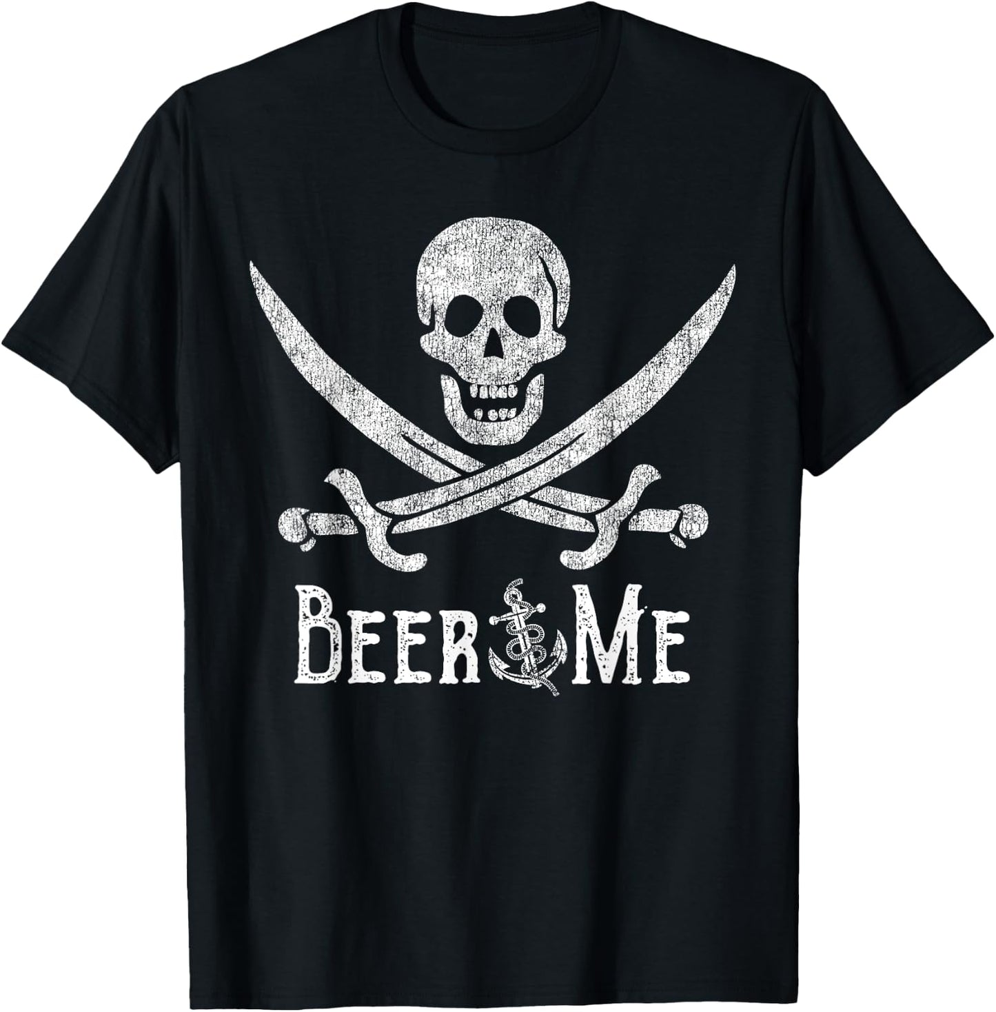 Beer Me Adult Humor Pirate Skull Distressed Funny Drinking T-Shirt - T-Shirt | Black