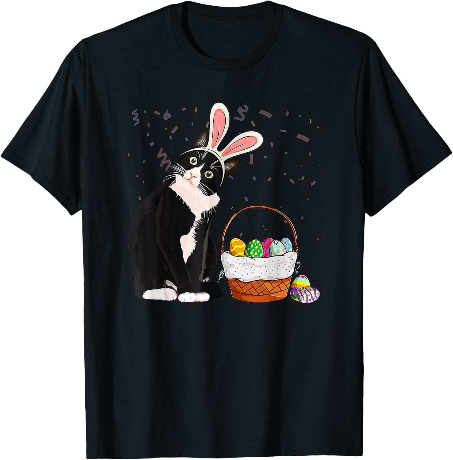 Easter Day Cat Bunny Ears Eggs Shirt Men Women Easter Rabbit T-Shirt - T-Shirt | Black