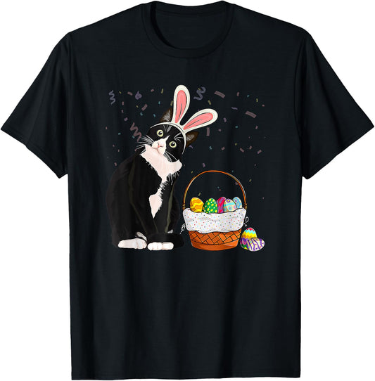 Easter Day Cat Bunny Ears Eggs Shirt Men Women Easter Rabbit T-Shirt - T-Shirt | Black
