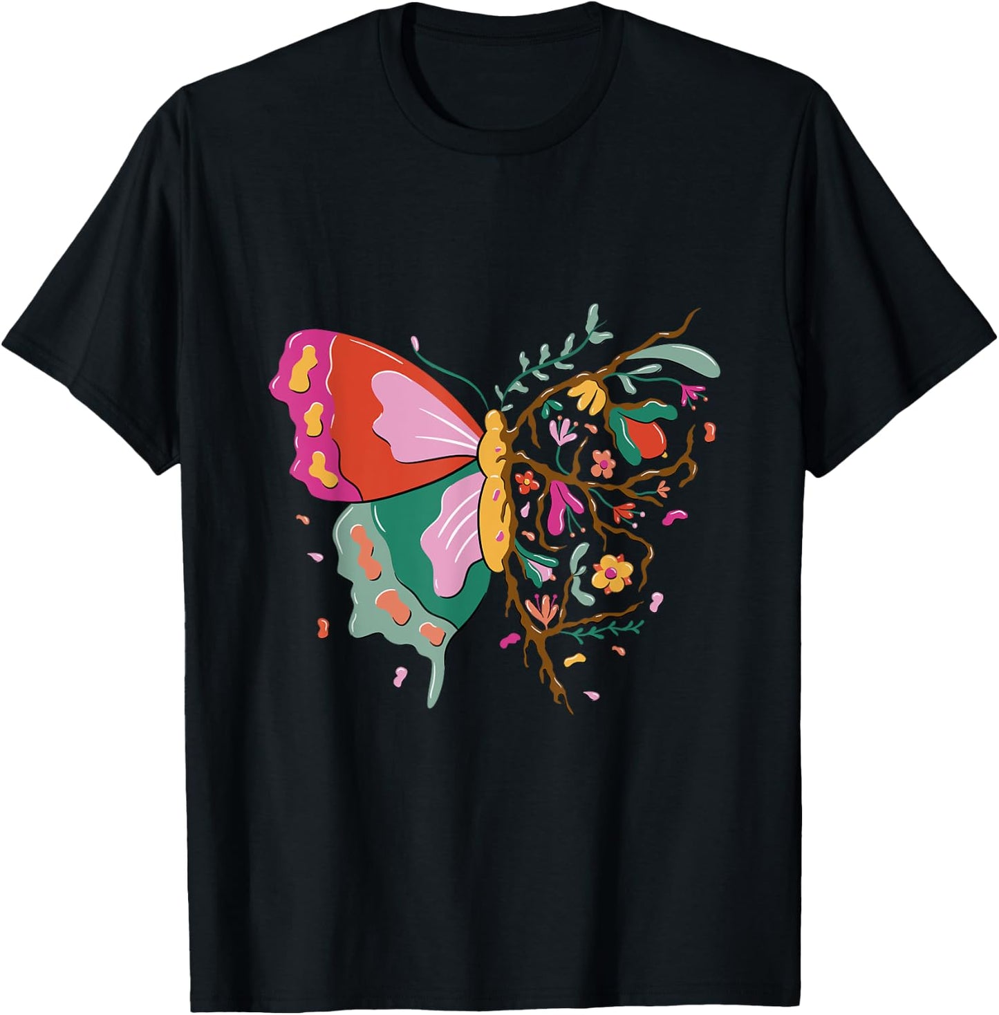 Butterfly in nature design with flowers T-Shirt - T-Shirt | Black