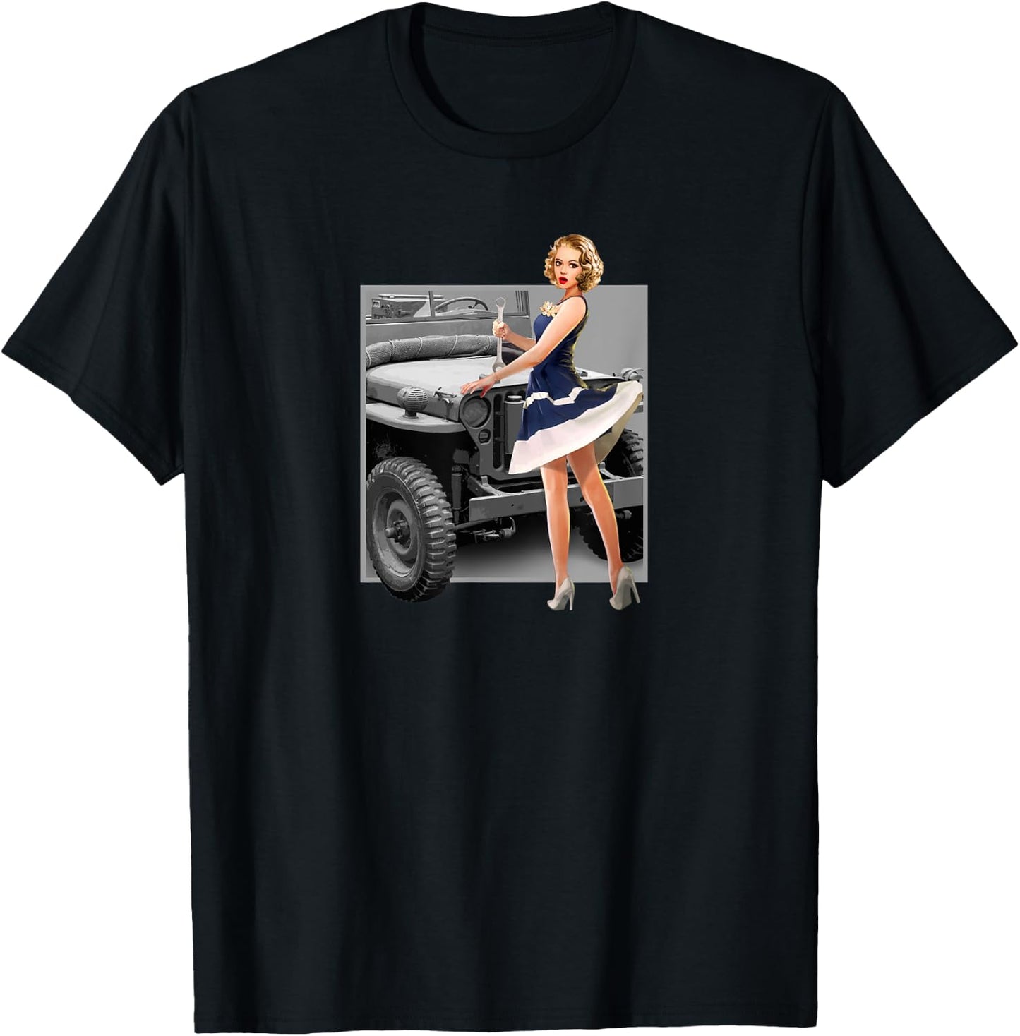 Pin up Girls Willys MB WW2 Poster Vintage T-Shirt - T-Shirt | Black