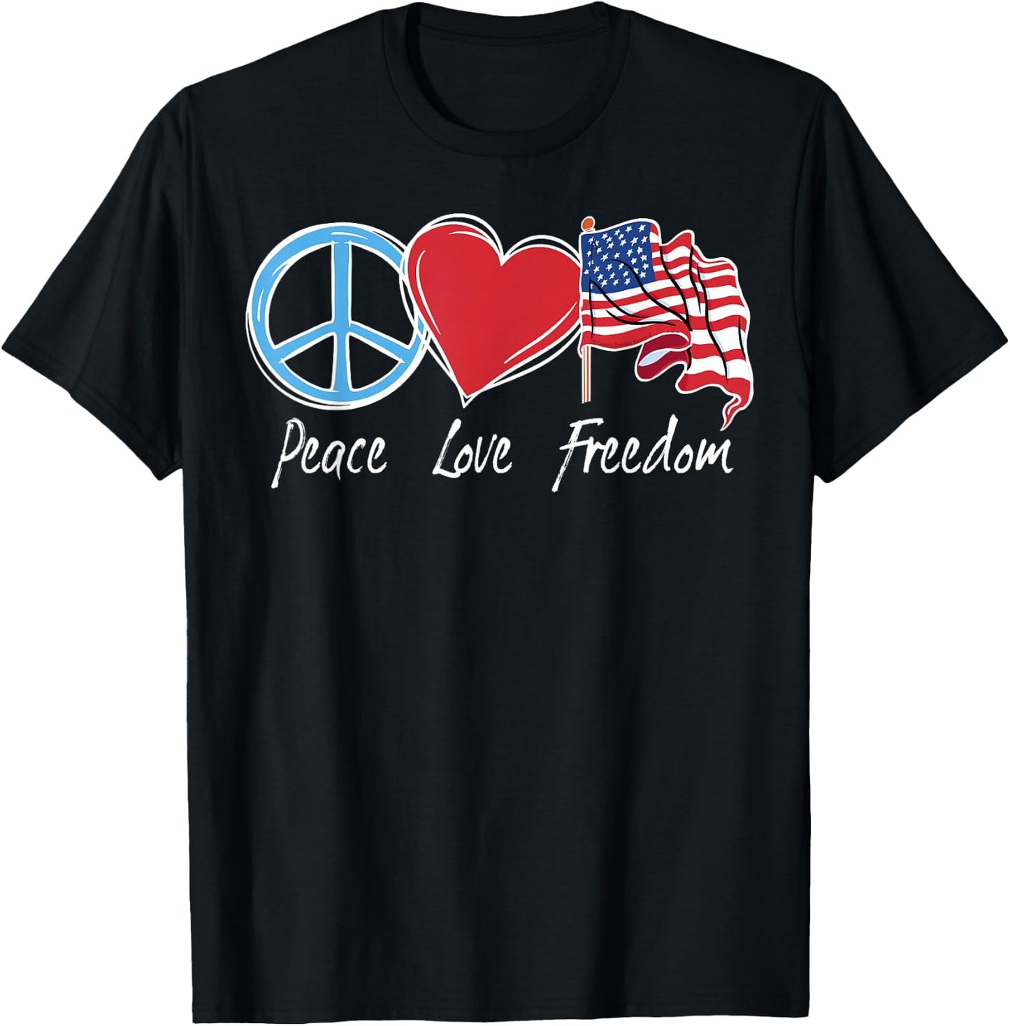 Patriotic Retro Peace Love Freedom USA Flag 4th of July T-Shirt - T-Shirt | Black