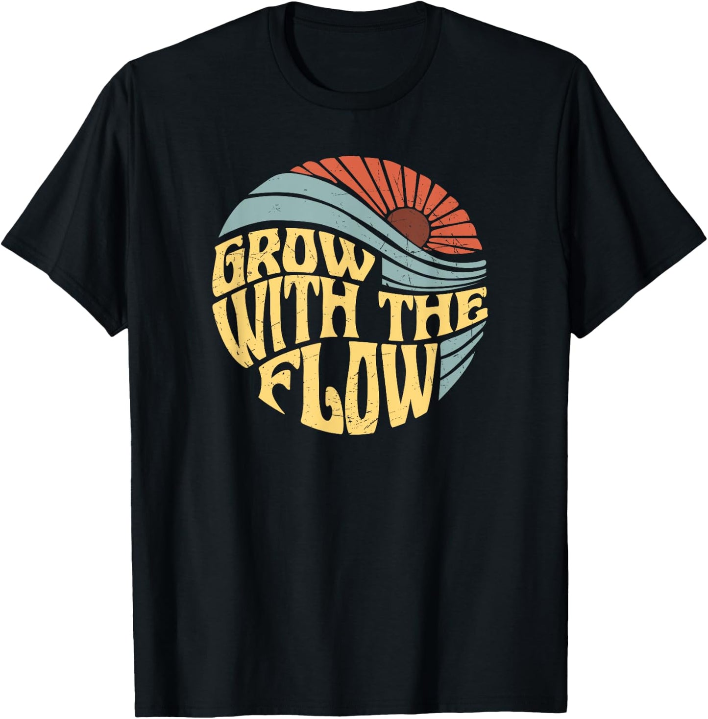 Grow with the flow Retro Flower Retro letter Wavy letter T-Shirt - T-Shirt | Black