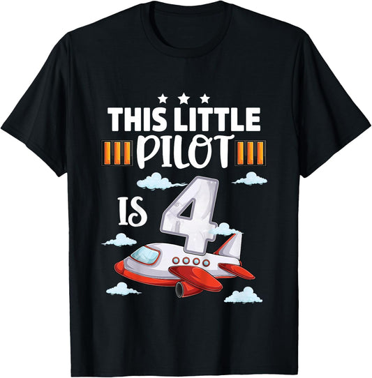 4 Year Old Boy Girl Airplane Pilot 4th Birthday Aircraft T-Shirt - T-Shirt | Black