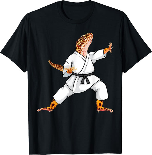 Funny Common leopard gecko doing Karate Samurai Ninja lizard T-Shirt - T-Shirt | Black