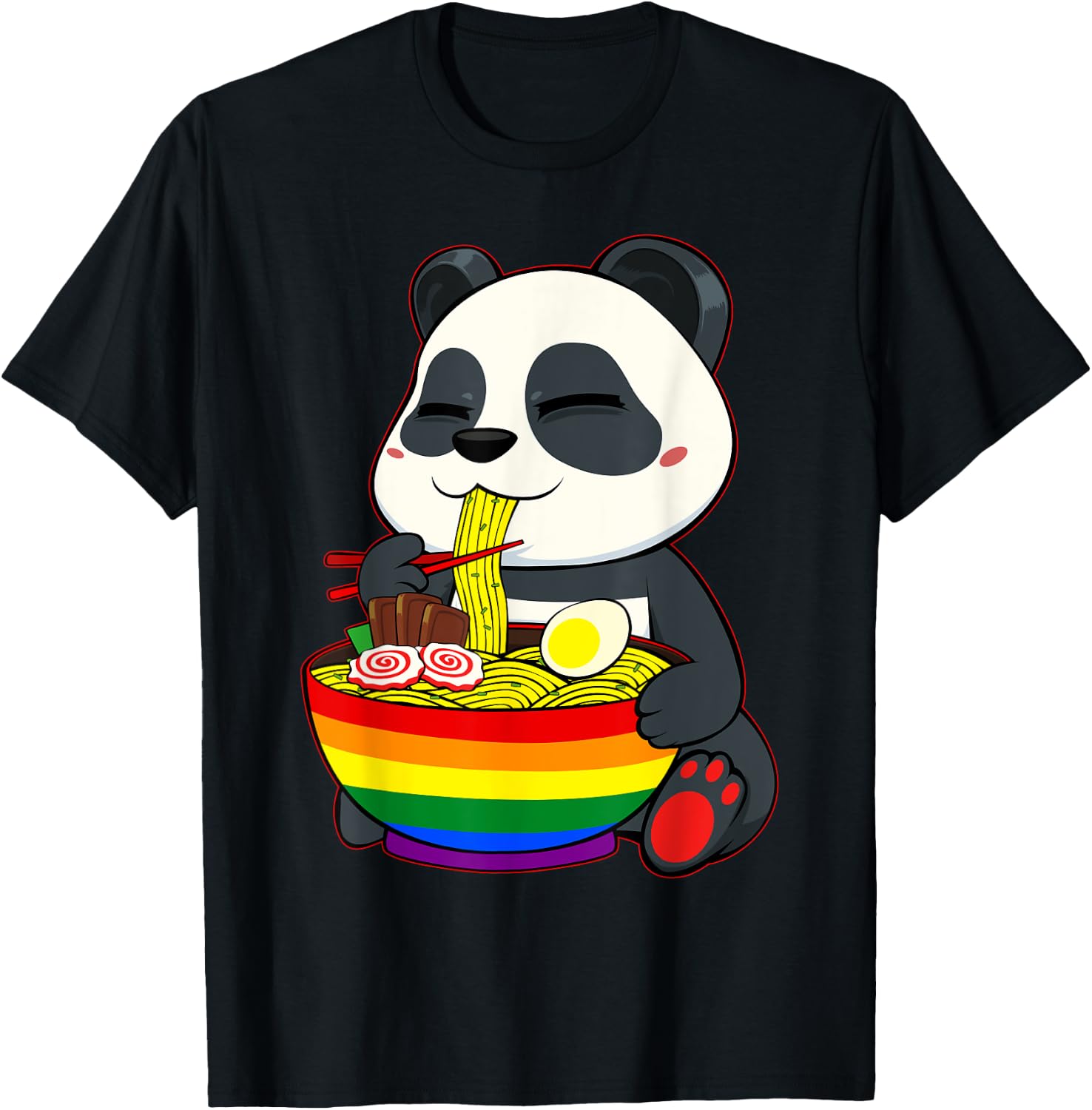 Panda Eating Ramen LGBT-Q Cute Rainbow Flag Gay Pride Ally T-Shirt - T-Shirt | Black