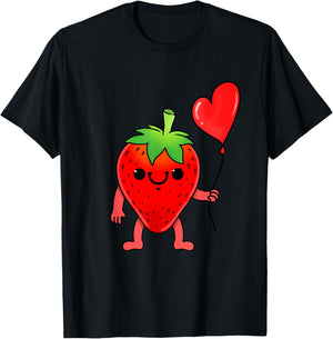 Strawberry With Heart Balloon Valentines Day Strawberry T-Shirt - T-Shirt | Black
