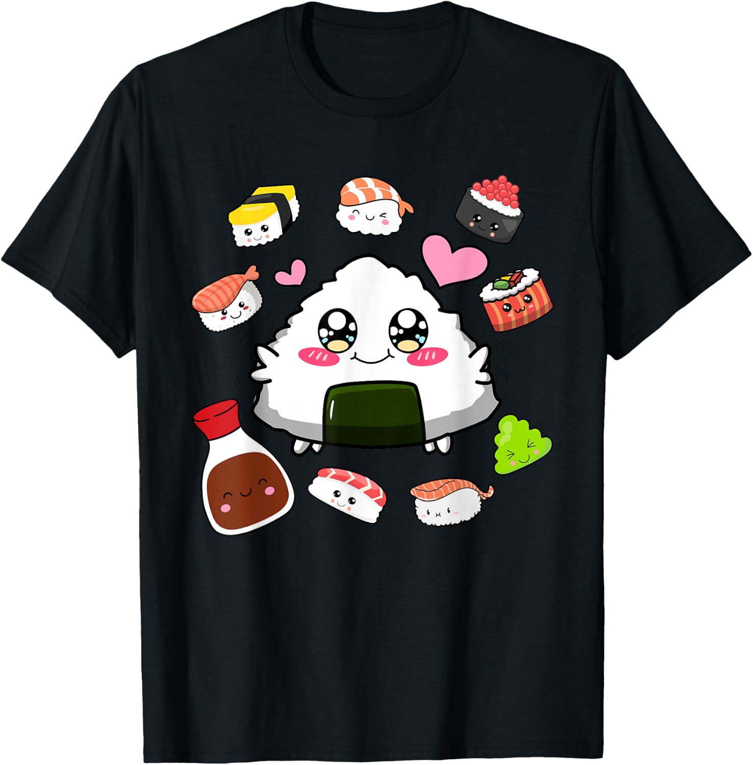 Kawaii Sushi Happy Funny Japanese Anime Cute Onigiri Sushi T-Shirt - T-Shirt | Black