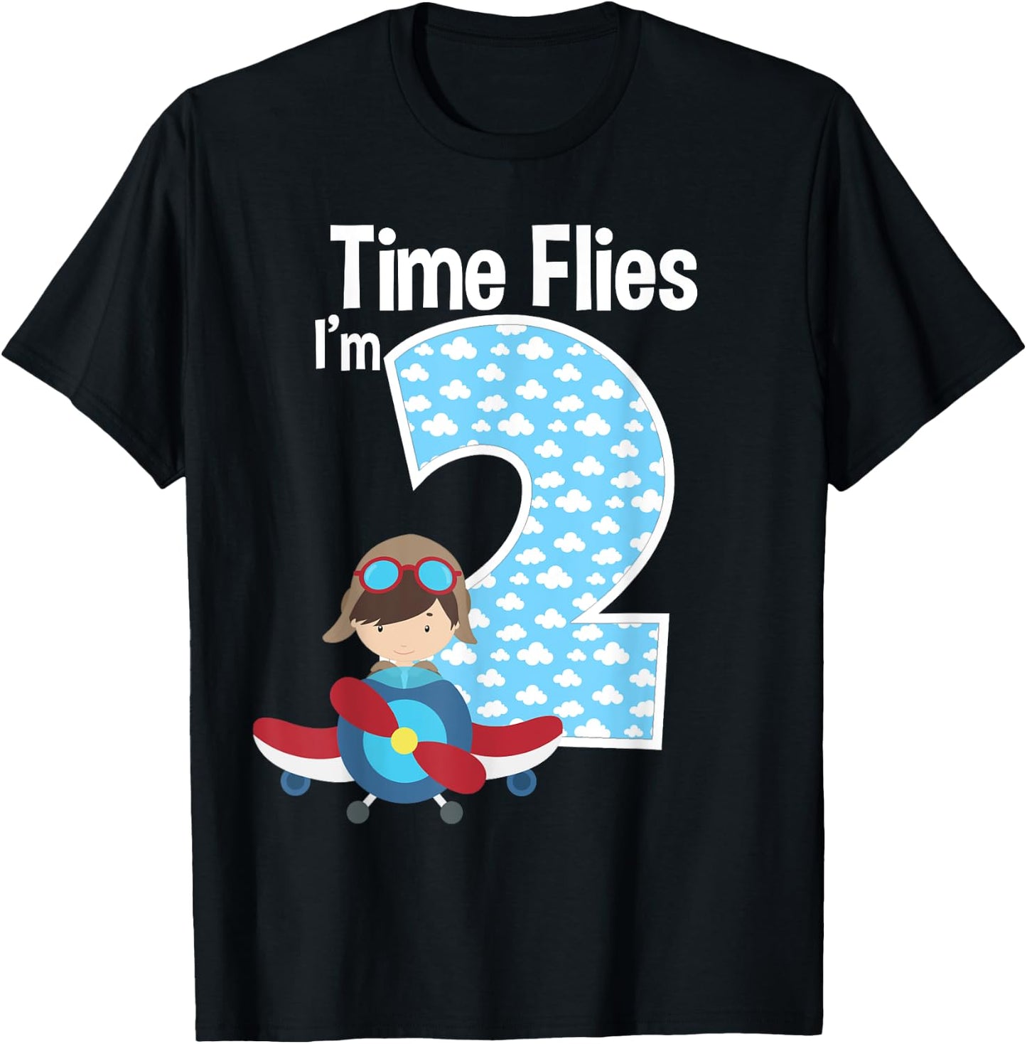 Time Flies I'm 2 2nd Birthday Airplane Pilot Flying T-Shirt - T-Shirt | Black