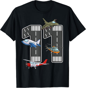 Little Pilot 11th Birthday Party 11 Eleven Year Old Airplane T-Shirt - T-Shirt | Black