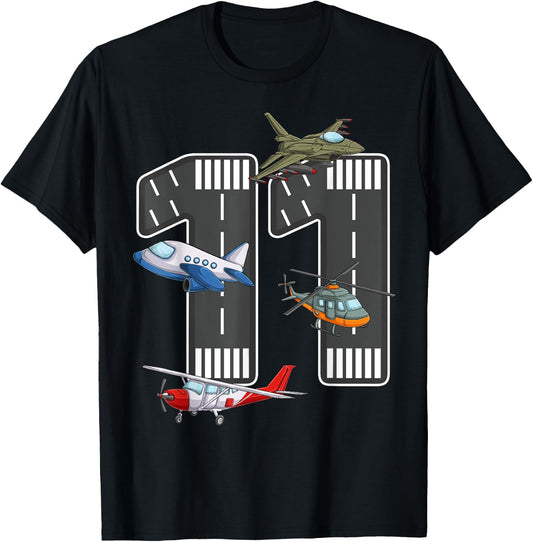 Little Pilot 11th Birthday Party 11 Eleven Year Old Airplane T-Shirt - T-Shirt | Black