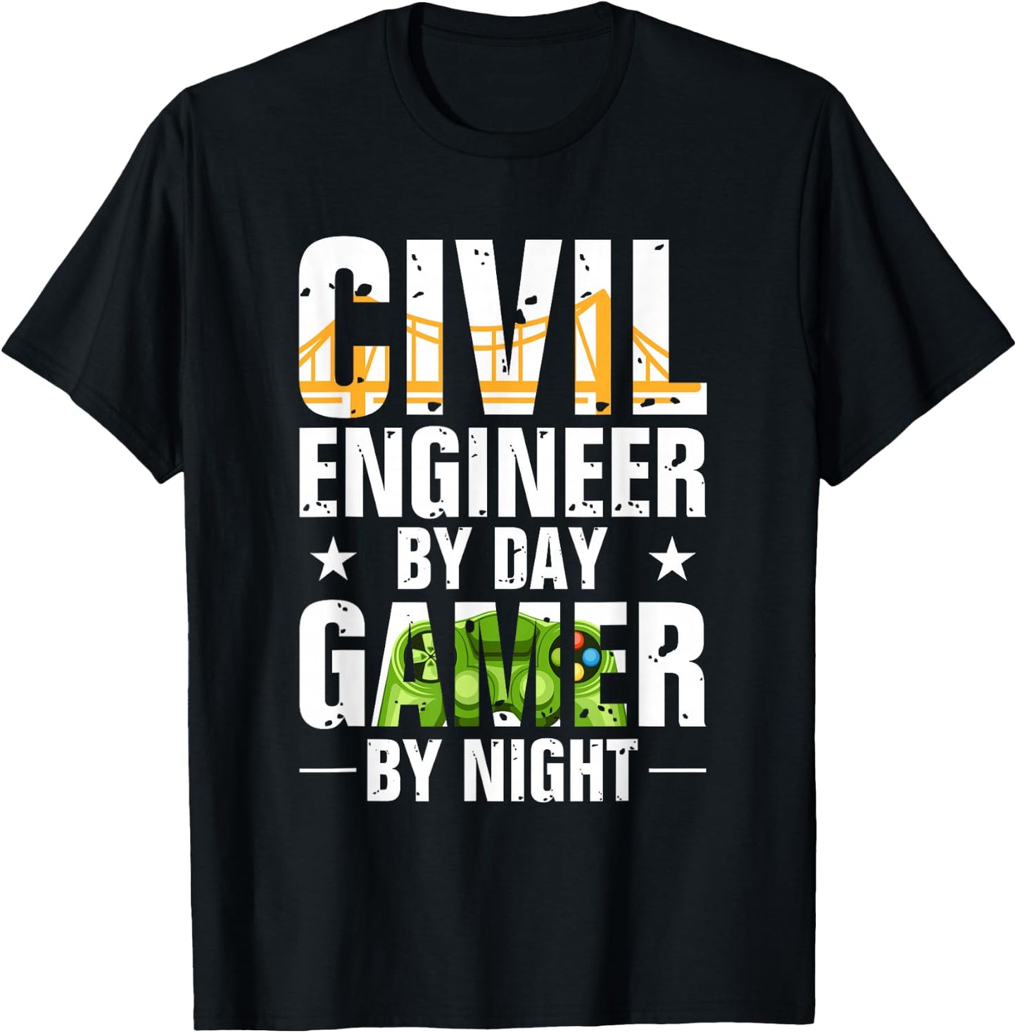 Funny Civil Engineer By Day Gamer By Night Engineering T-Shirt - T-Shirt | Black
