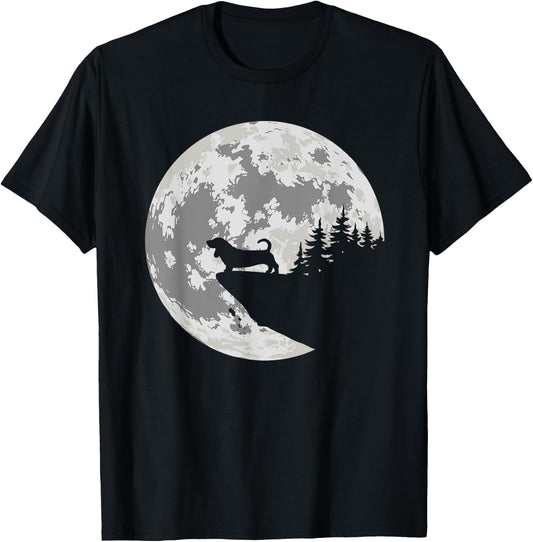 Basset Hound Apparel And Moon Funny Halloween Apparel T-Shirt - T-Shirt | Black