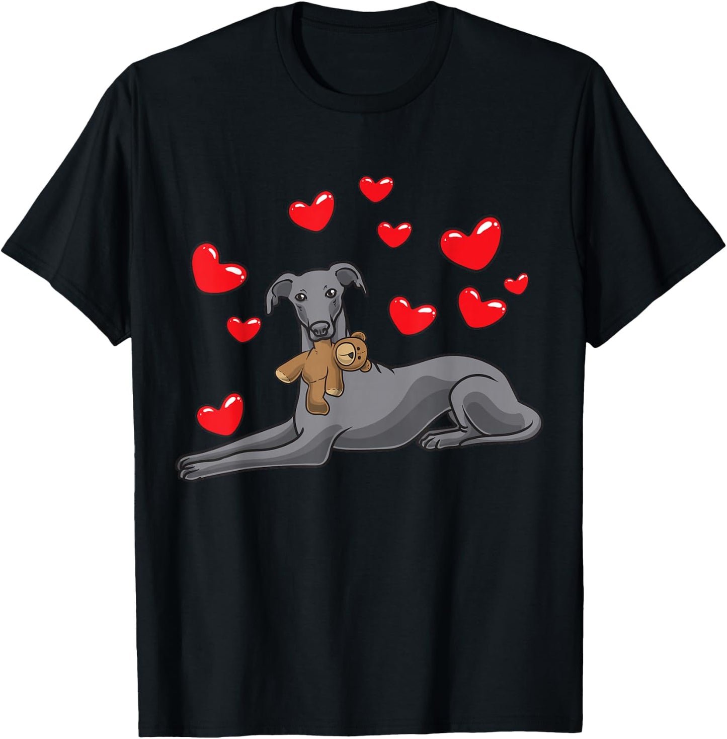 Italian Greyhound Dog With Stuffed Animal And Hearts T-Shirt - T-Shirt | Black
