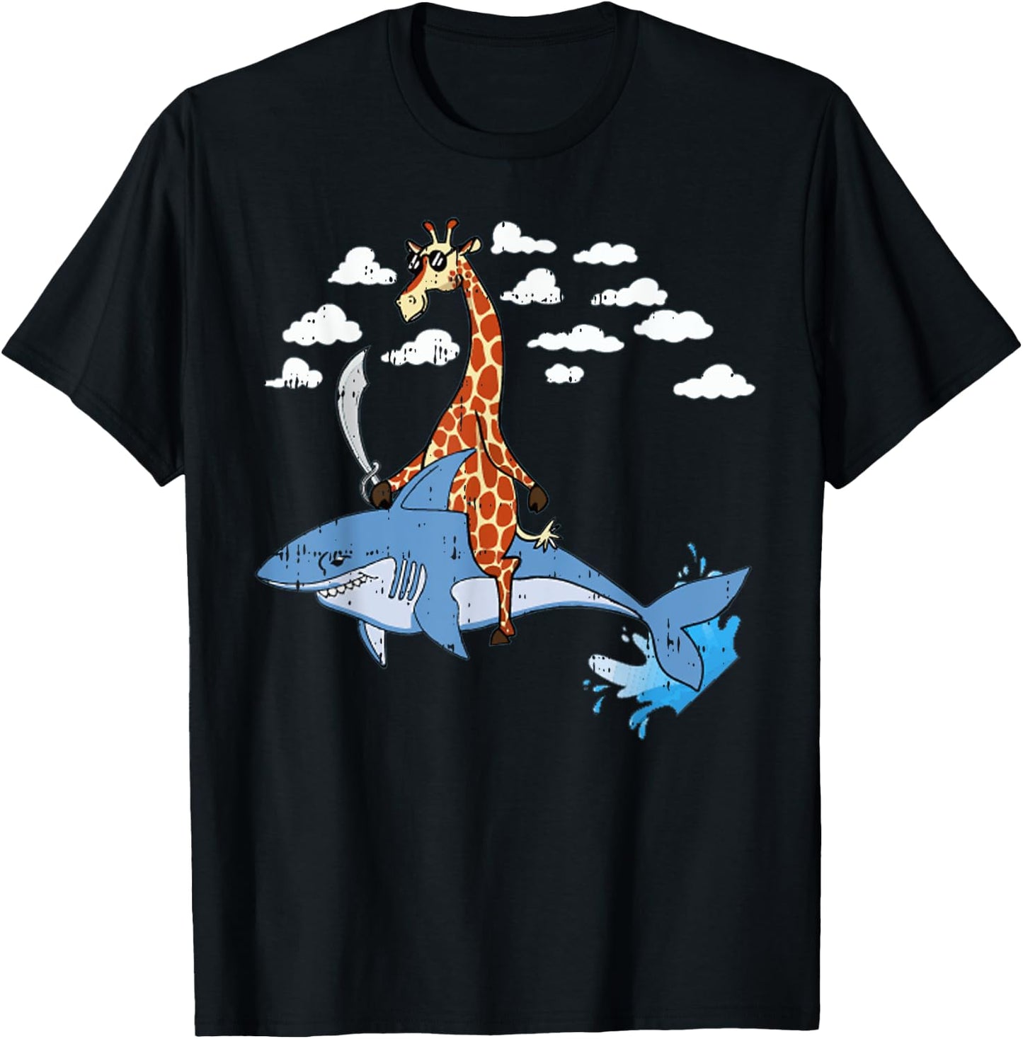 Giraffe Pirate Riding Shark Sword Cute Animal Halloween Gift T-Shirt - T-Shirt | Black