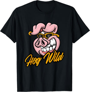 Hog Wild | Funny Cool Cartoon Pig | Farmer Biker Swine Gift T-Shirt - T-Shirt | Black