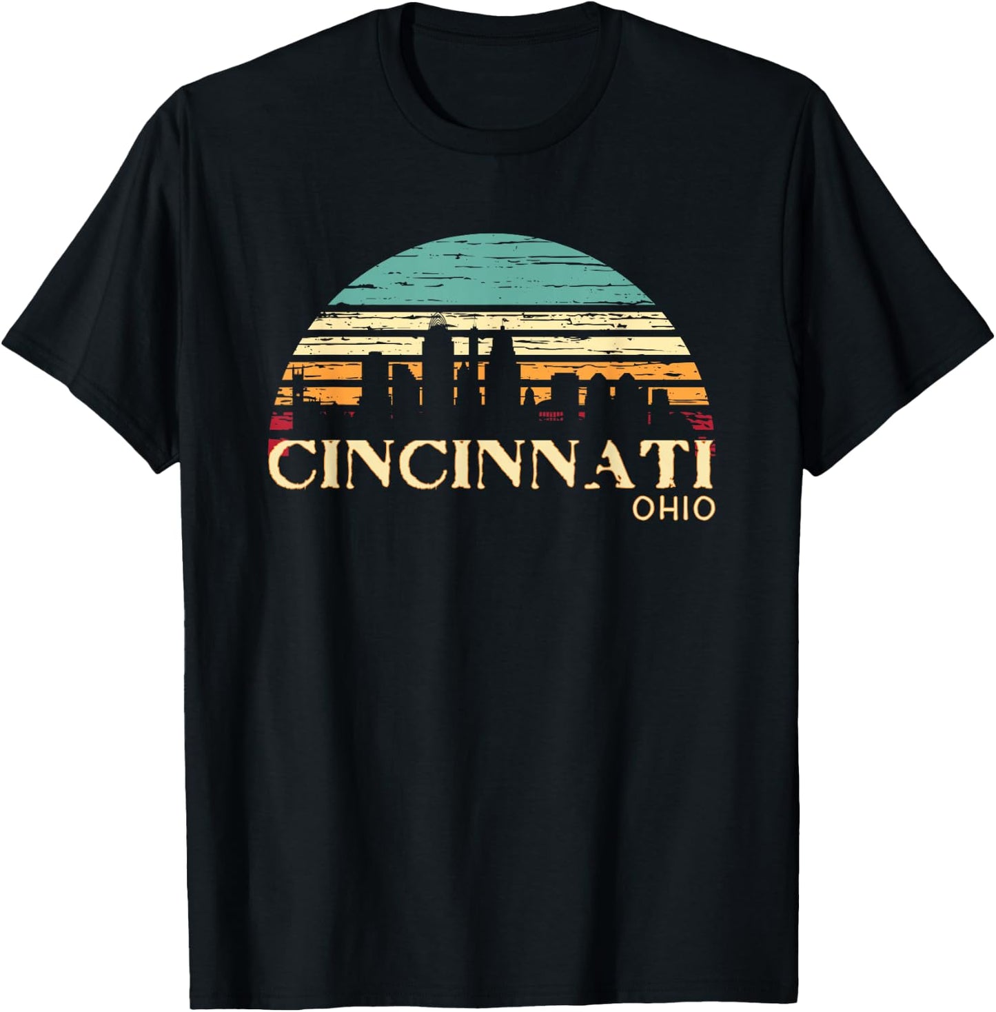 Retro Sunset Cincy Downtown Cincinnati Ohio Skyline Art Gift T-Shirt - T-Shirt | Black
