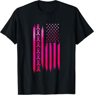 American Flag Fighting Breast Cancer - Awareness T-Shirt - T-Shirt | Black