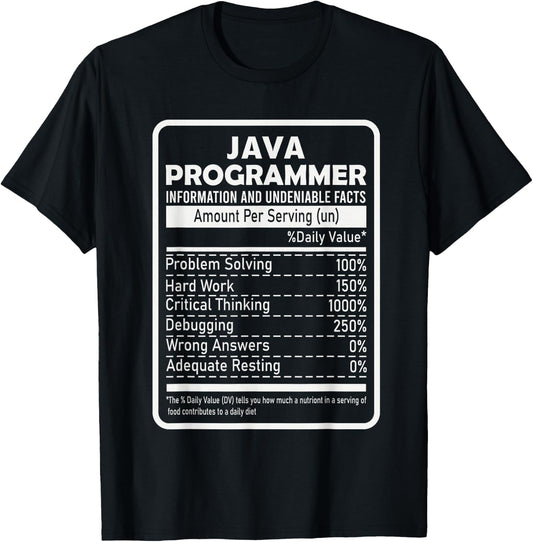 Funny Java Programmer Nutritional Facts Java Programming T-Shirt - T-Shirt | Black