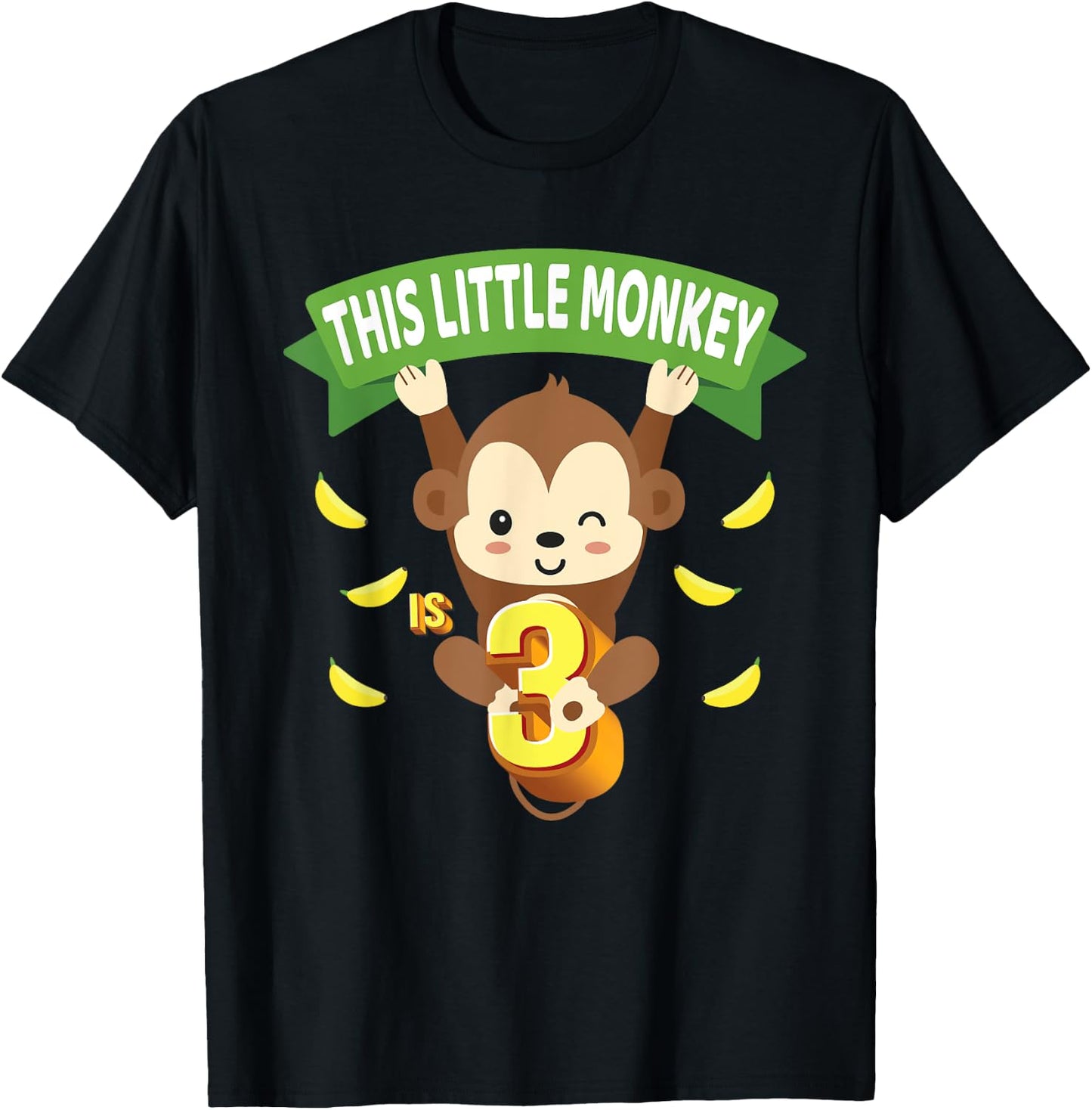 This Little Monkey Is 3 Years Old Kid 3rd Birthday Monkeys T-Shirt - T-Shirt | Black