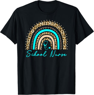 Rainbow Leopard School Nurse Seniors Work Back To School T-Shirt - T-Shirt | Black