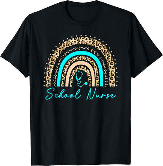 Rainbow Leopard School Nurse Seniors Work Back To School T-Shirt - T-Shirt | Black