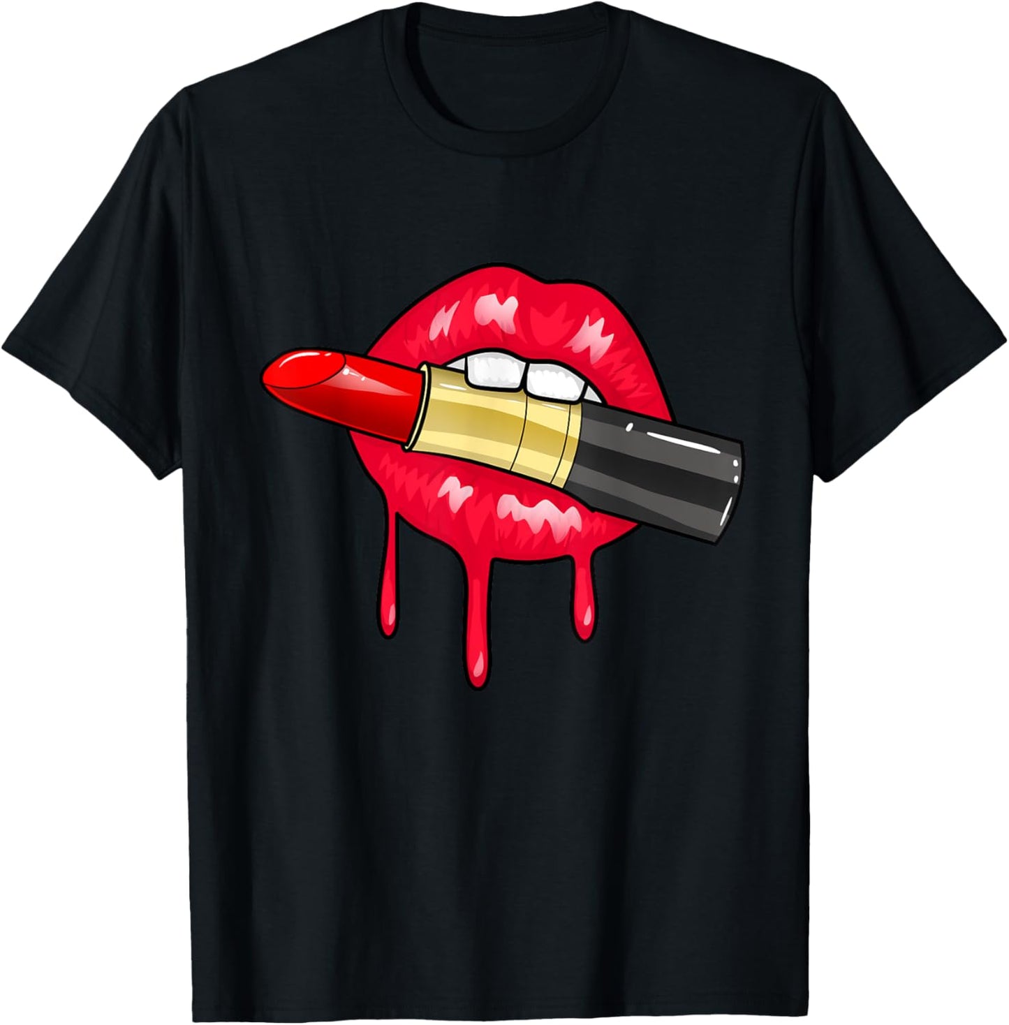 Women's Red Lipstick Juicy Sexy Lips Makeup Lip Color T-Shirt - T-Shirt | Black