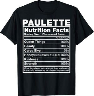 Paulette Nutrition Facts Paulette Name Birthday Shirt T-Shirt - T-Shirt | Black